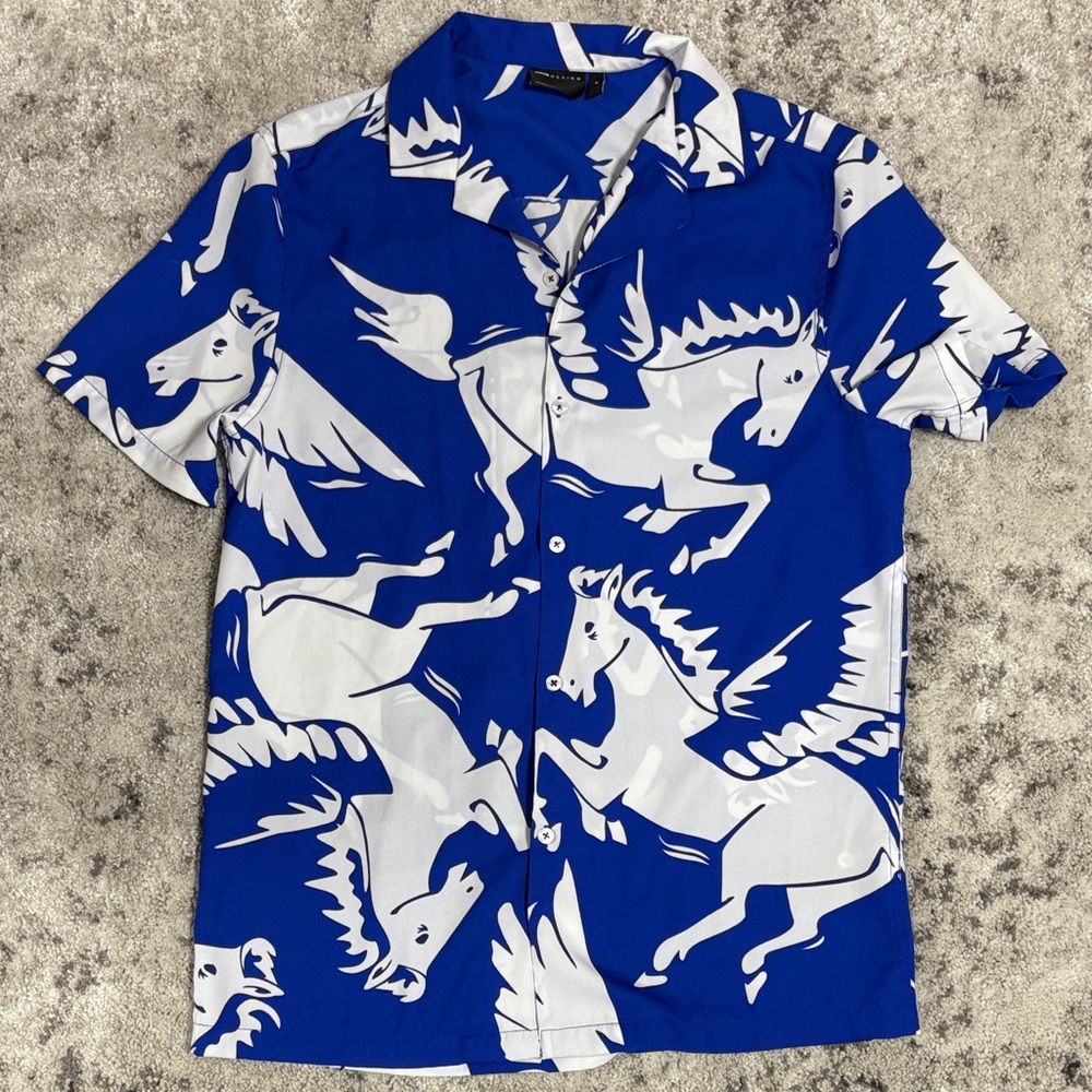 ASOS Blue and White Horse Print Button Down Short Sleeve